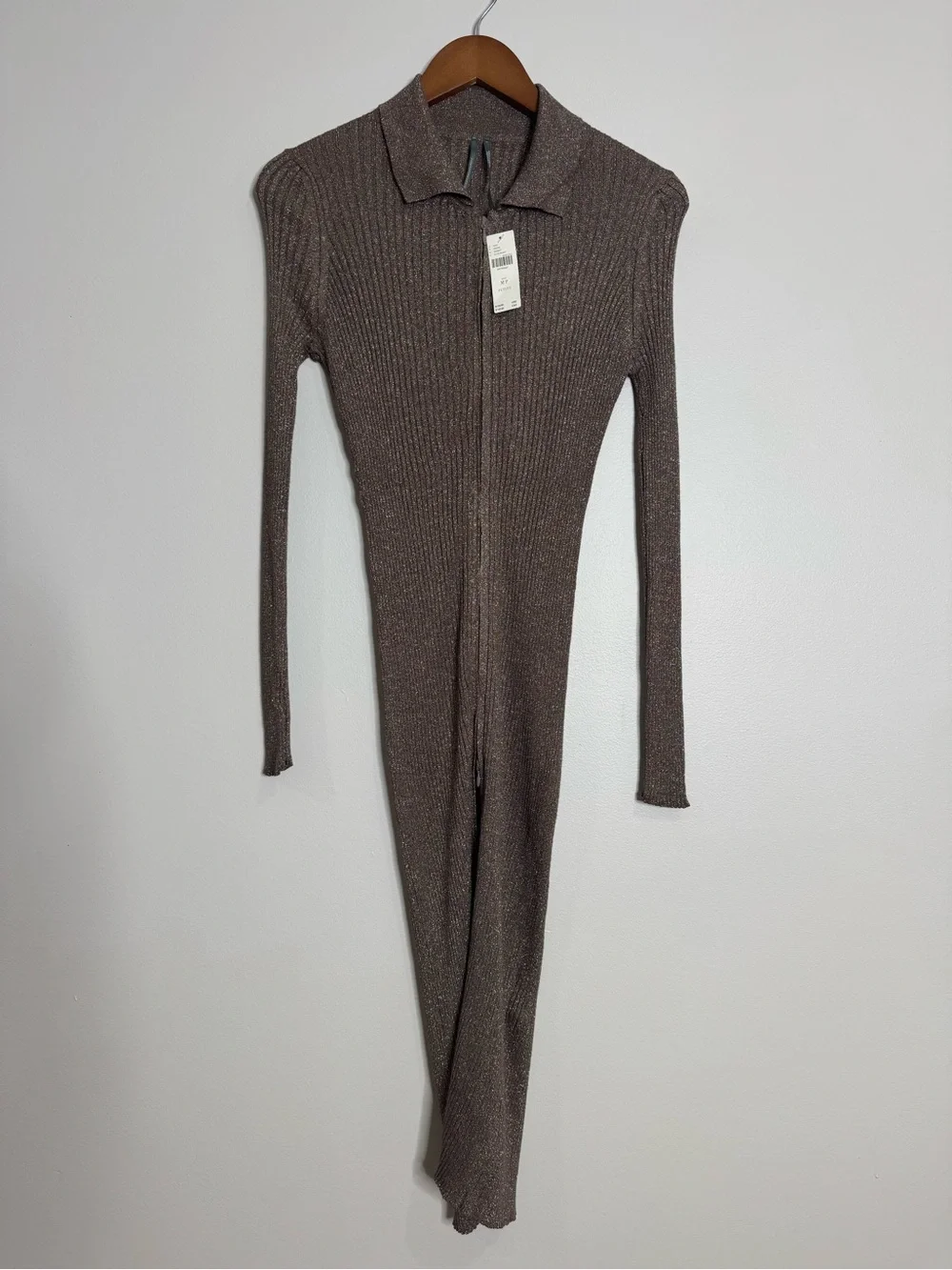 NWT Anthropologie Medium P Ribbed‎ Bronze Metallic Longline Duster Cardigan Zip